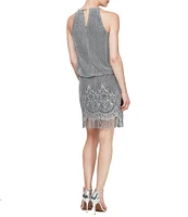 Ignite Evenings Halter Chain Neck Sleeveless Crochet Fringe Hem Metallic Blouson Dress