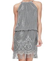 Ignite Evenings Halter Chain Neck Sleeveless Crochet Fringe Hem Metallic Blouson Dress