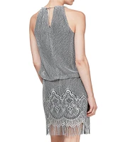 Ignite Evenings Halter Chain Neck Sleeveless Crochet Fringe Hem Metallic Blouson Dress