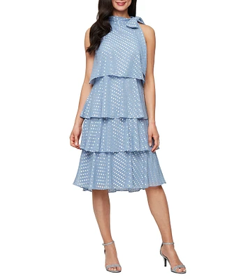 Ignite Evenings Halter Neck Bow Sleeveless Chiffon Burnout Tiered Shift Dress