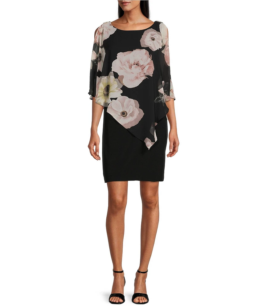 Ignite Evenings Floral Print Short Cape Sleeve Chiffon Overlay Sheath Dress