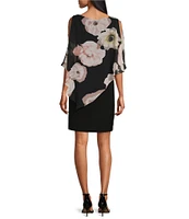 Ignite Evenings Floral Print Short Cape Sleeve Chiffon Overlay Sheath Dress