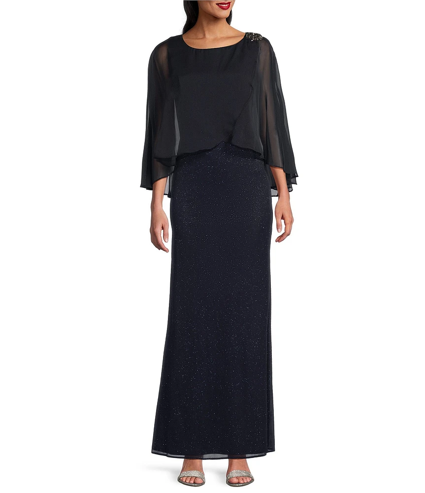 Ignite Evenings Long Sleeve Glitter Mesh Tulip Overlay Dress