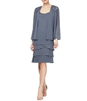 Ignite Evenings Scoop Neck Chiffon Tiered 2-Piece Jacket Dress