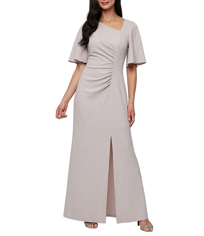 Ignite Evenings Metallic Knit L-Neck Short Sleeve Ruched Waist Gown