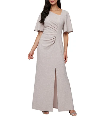 Ignite Evenings Metallic Knit L-Neck Short Sleeve Ruched Waist Gown