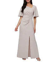 Ignite Evenings Metallic Knit L-Neck Short Sleeve Ruched Waist Gown