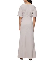 Ignite Evenings Metallic Knit L-Neck Short Sleeve Ruched Waist Gown