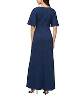 Ignite Evenings Metallic Knit L-Neck Short Sleeve Ruched Waist Gown