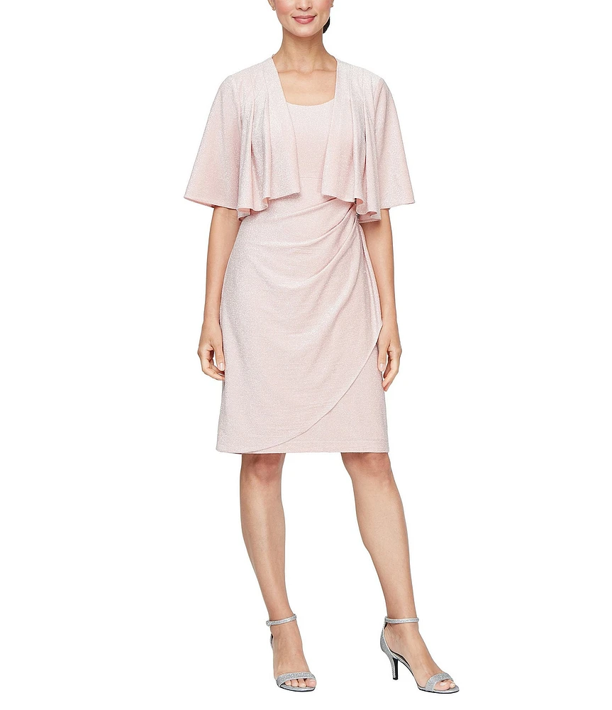 Ignite Evenings Metallic Knit Scoop Neck Flutter Sleeve Hip Embellishment 2-Piece Jacket Dress