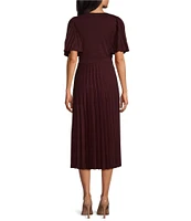 Ignite Evenings Metallic Knit V-Neck Flutter Sleeve Pleated Midi Dress