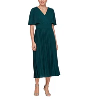 Ignite Evenings Metallic Knit V-Neck Flutter Sleeve Pleated Midi Dress