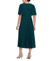 Ignite Evenings Metallic Knit V-Neck Flutter Sleeve Pleated Midi Dress