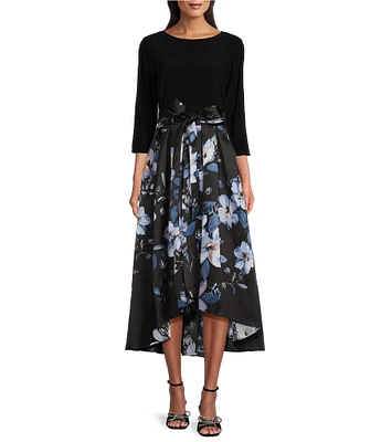 Ignite Evenings Mikado Floral Print Scoop Neck 3/4 Sleeves Tie Belt High-Low Party Dress