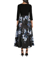 Ignite Evenings Mikado Floral Print Scoop Neck 3/4 Sleeves Tie Belt High-Low Party Dress