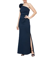 Ignite Evenings One Shoulder Flower Detail Ruched Waist Side Slit Sheath Maxi Dress