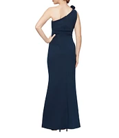 Ignite Evenings One Shoulder Flower Detail Ruched Waist Side Slit Sheath Maxi Dress