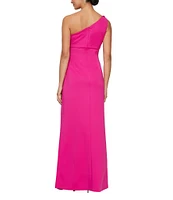 Ignite Evenings One Shoulder Flower Detail Ruched Waist Side Slit Sheath Maxi Dress