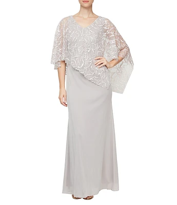 Ignite Evenings Petite Size 3/4 Sleeve Asymmetrical Glitter Mesh Capelet V-Neck Jersey Gown