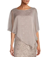 Ignite Evenings Petite Size 3/4 Sleeve Round Neck Sequin Lace Overlay Sheath Gown