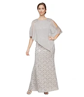 Ignite Evenings Petite Size 3/4 Sleeve Round Neck Sequin Lace Overlay Sheath Gown