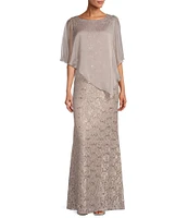 Ignite Evenings Petite Size 3/4 Sleeve Round Neck Sequin Lace Overlay Sheath Gown