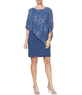 Ignite Evenings Petite Size Asymmetric Chiffon Floral Print Overlay Beaded Trim Scoop Neck Short Split Sleeve Popover Dress