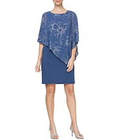 Ignite Evenings Petite Size Asymmetric Chiffon Floral Print Overlay Beaded Trim Scoop Neck Short Split Sleeve Popover Dress