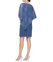 Ignite Evenings Petite Size Asymmetric Chiffon Floral Print Overlay Beaded Trim Scoop Neck Short Split Sleeve Popover Dress