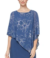 Ignite Evenings Petite Size Asymmetric Chiffon Floral Print Overlay Beaded Trim Scoop Neck Short Split Sleeve Popover Dress