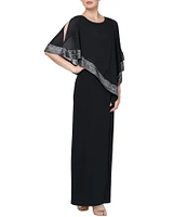 Ignite Evenings Petite Size Asymmetrical 3/4 Capelet Cold Shoulder Sleeve Round Neck Metallic Trim Popover Dress