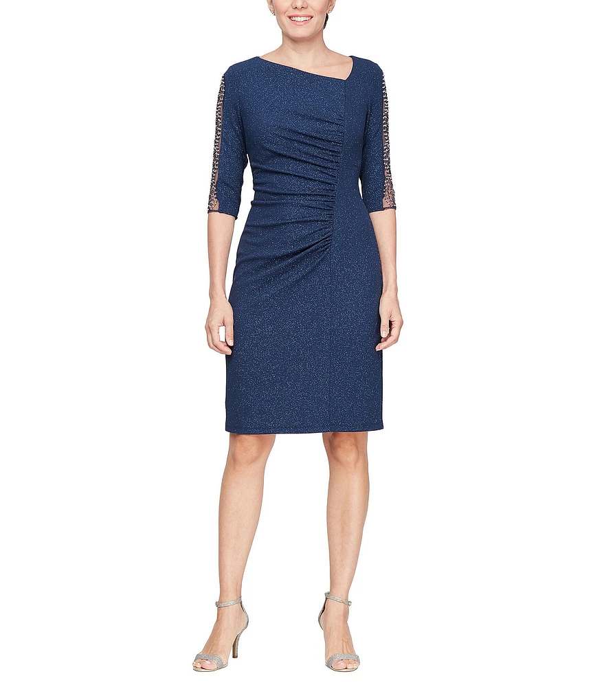 Ignite Evenings Petite Size Asymmetrical Neck 3/4 Embellished Illusion Panel Sleeve Metallic Knit Sheath Dress