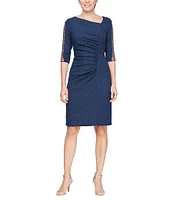 Ignite Evenings Petite Size Asymmetrical Neck 3/4 Embellished Illusion Panel Sleeve Metallic Knit Sheath Dress