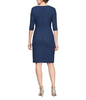 Ignite Evenings Petite Size Asymmetrical Neck 3/4 Embellished Illusion Panel Sleeve Metallic Knit Sheath Dress