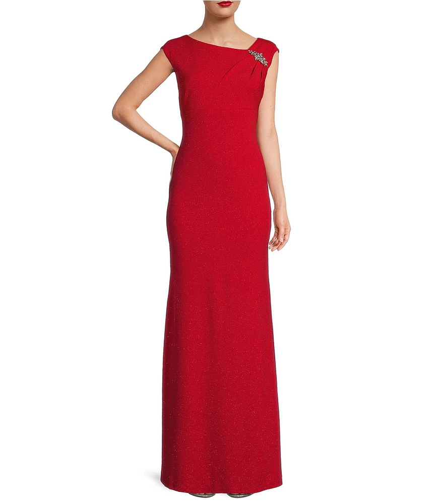 Ignite Evenings Petite Size Asymmetrical Neck Sleeveless Embellished Gown