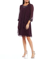 Ignite Evenings Petite Size Beaded Round Neck 3/4 Sleeve Tiered 2-Piece Jacket Dress