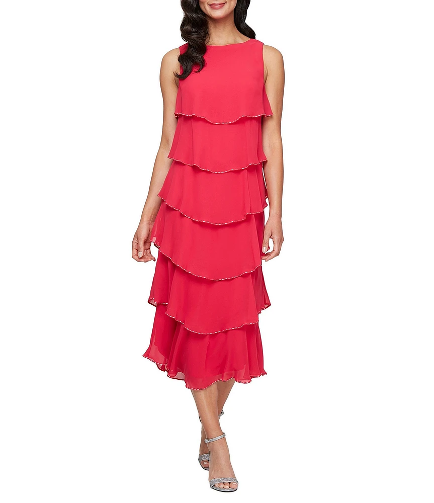Ignite Evenings Petite Size Boat Neck Tiered Chiffon Midi Dress