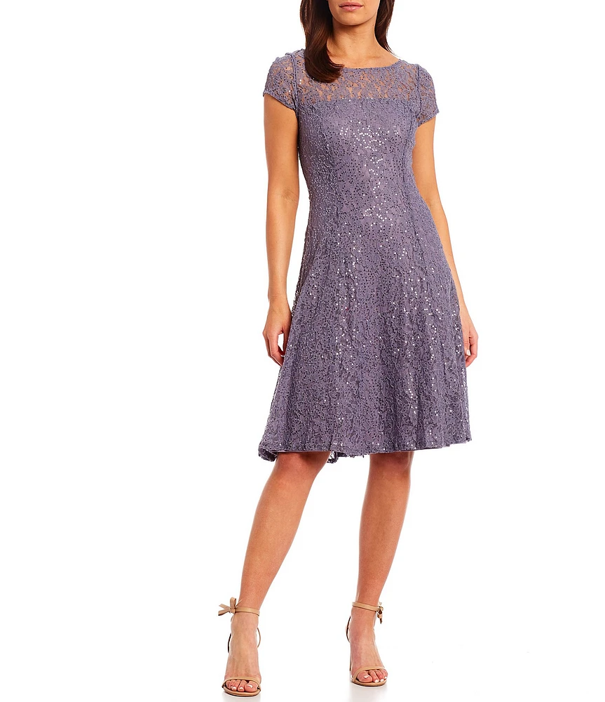 Ignite Evenings Petite Size Cap Sleeve Scoop Neck Sequin Lace A-Line Midi Dress