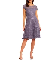 Ignite Evenings Petite Size Cap Sleeve Scoop Neck Sequin Lace A-Line Midi Dress