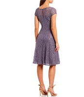 Ignite Evenings Petite Size Cap Sleeve Scoop Neck Sequin Lace A-Line Midi Dress