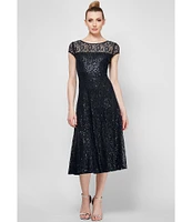 Ignite Evenings Petite Size Cap Sleeve Scoop Neck Sequin Lace A-Line Midi Dress