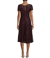 Ignite Evenings Petite Size Cap Sleeve Scoop Neck Sequin Lace A-Line Midi Dress