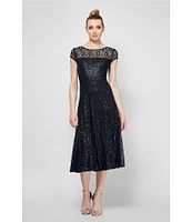 Ignite Evenings Petite Size Cap Sleeve Scoop Neck Sequin Lace A-Line Midi Dress