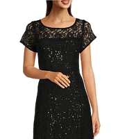 Ignite Evenings Petite Size Cap Sleeve Scoop Neck Sequin Lace A-Line Midi Dress