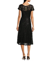 Ignite Evenings Petite Size Cap Sleeve Scoop Neck Sequin Lace A-Line Midi Dress