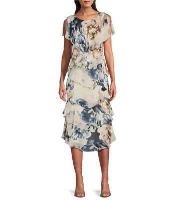 Ignite Evenings Petite Size Chiffon Embellished Shoulder Cap Sleeve Crew Neck Printed Tiered Midi Dress