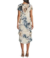 Ignite Evenings Petite Size Chiffon Embellished Shoulder Cap Sleeve Crew Neck Printed Tiered Midi Dress