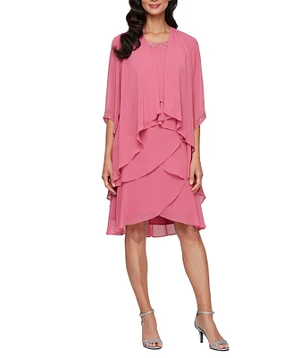 Ignite Evenings Petite Size Emebllished Tiered Chiffon Jacket Dress