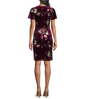 Ignite Evenings Petite Size Floral Foil Print Velvet Square Neck Flutter Sleeve Sheath Dress