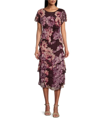 Ignite Evenings Petite Size Floral Print Chiffon Scoop Neck Capelet Tiered Hem A-Line Dress